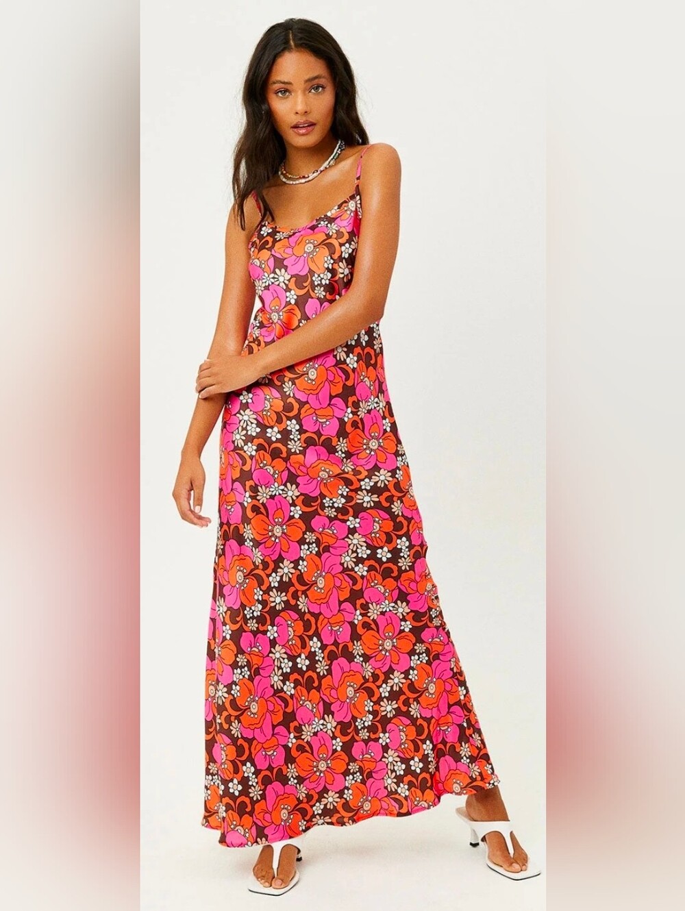 Frankie's Bikinis Tropical Floral Satin Slip Maxi Dress